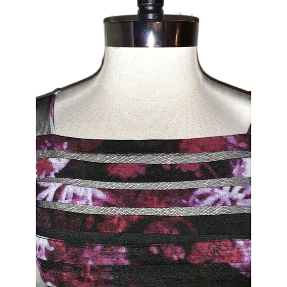 ADRIANNA PAPELL Size 8 Sheath Dress Black Purple Floral Short Sleeve Tiered - Picture 2 of 6